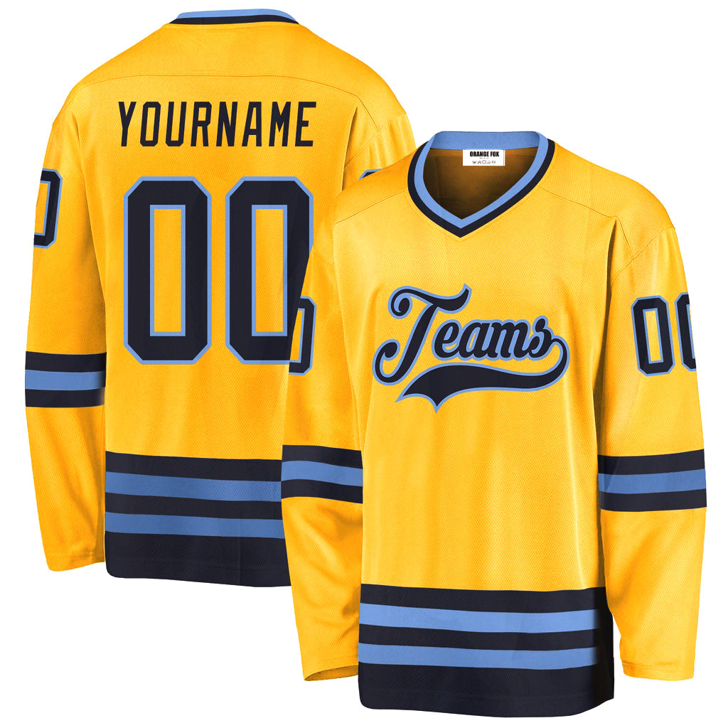 Custom Gold Navy-Light Blue V Neck Hockey Jersey For Men & Women