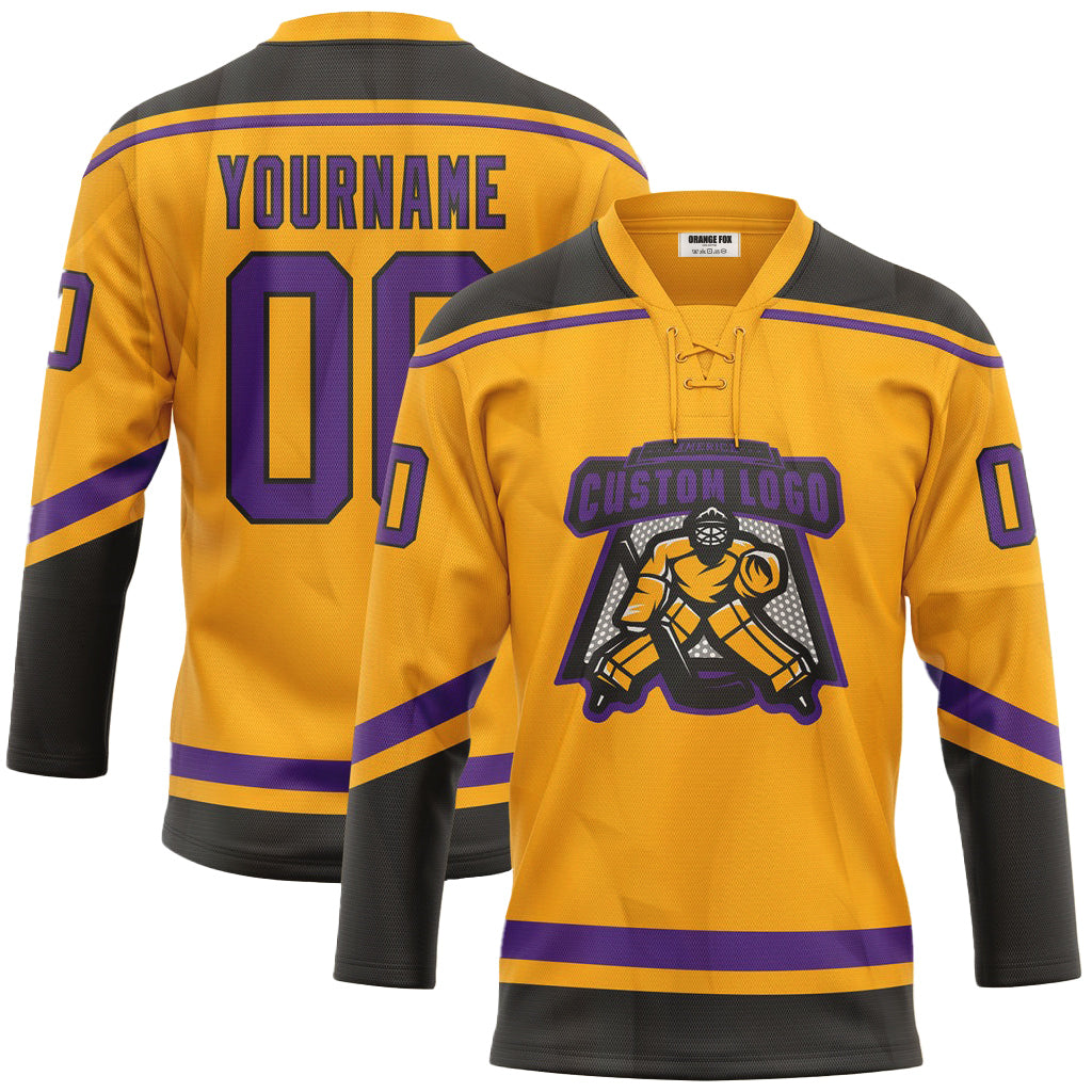 Custom Gold Purple-Black Neck Hockey Jersey For Men & Women