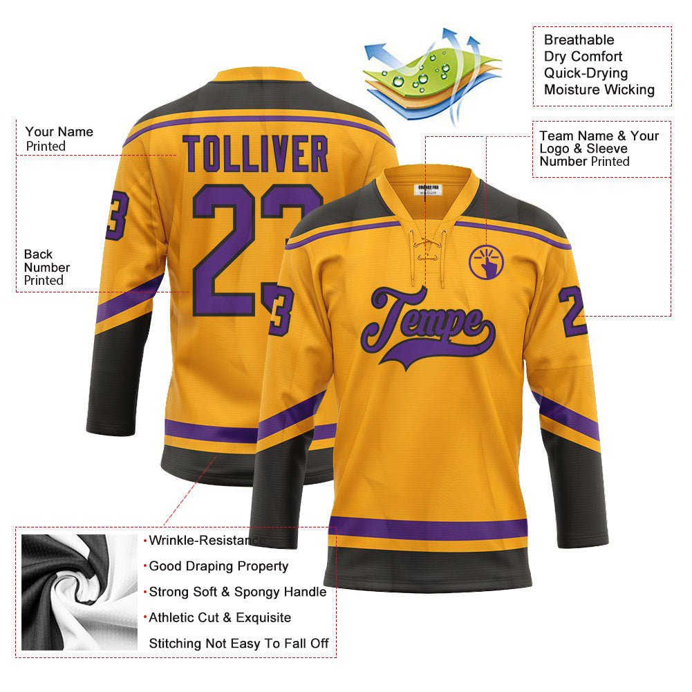 Custom Gold Purple-Black Neck Hockey Jersey For Men & Women