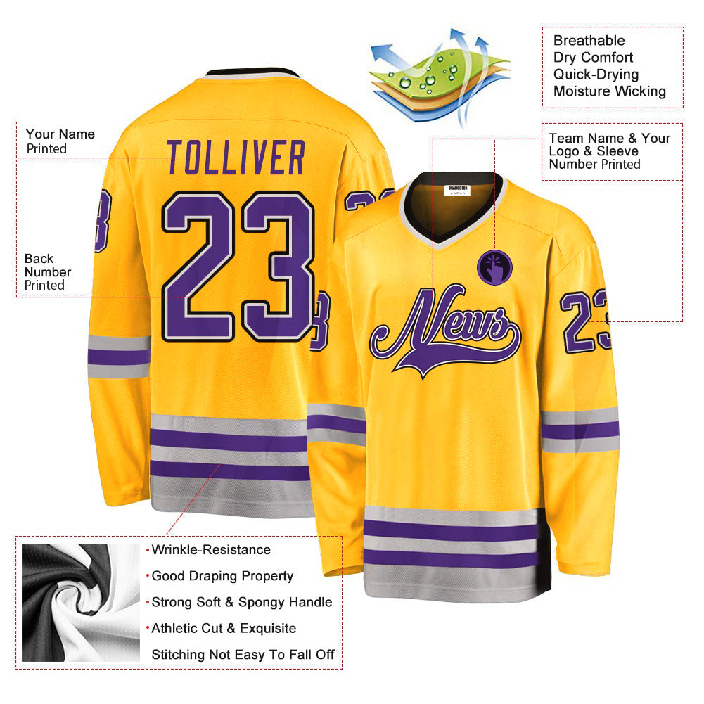 Custom Gold Purple-Gray V Neck Hockey Jersey For Men & Women