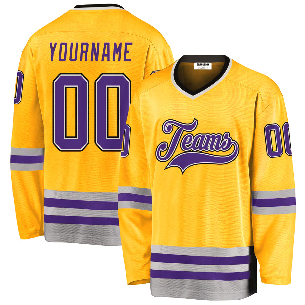 Custom Gold Purple-Gray V Neck Hockey Jersey For Men & Women