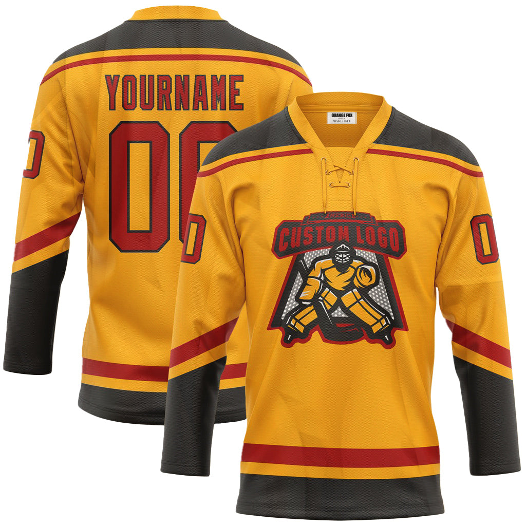 Custom Gold Red-Black Neck Hockey Jersey For Men & Women