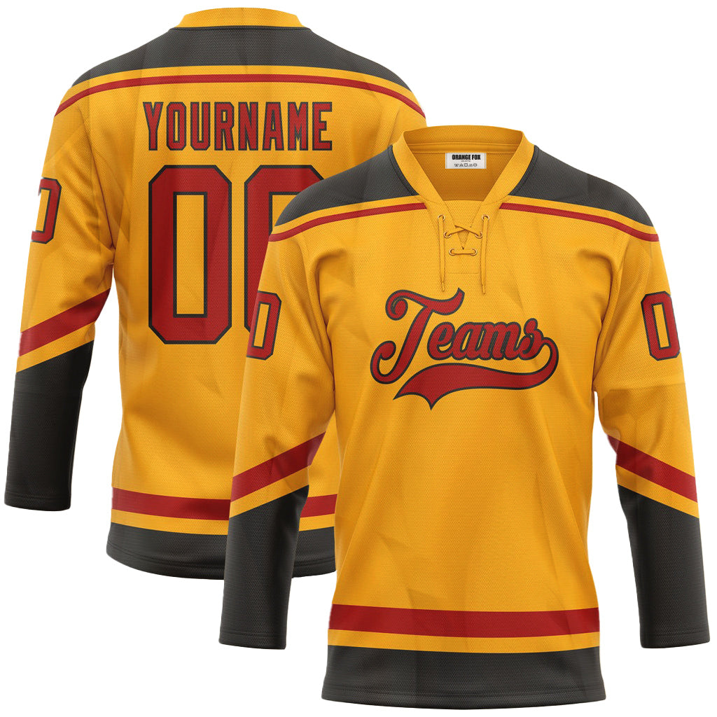 Custom Gold Red-Black Neck Hockey Jersey For Men & Women