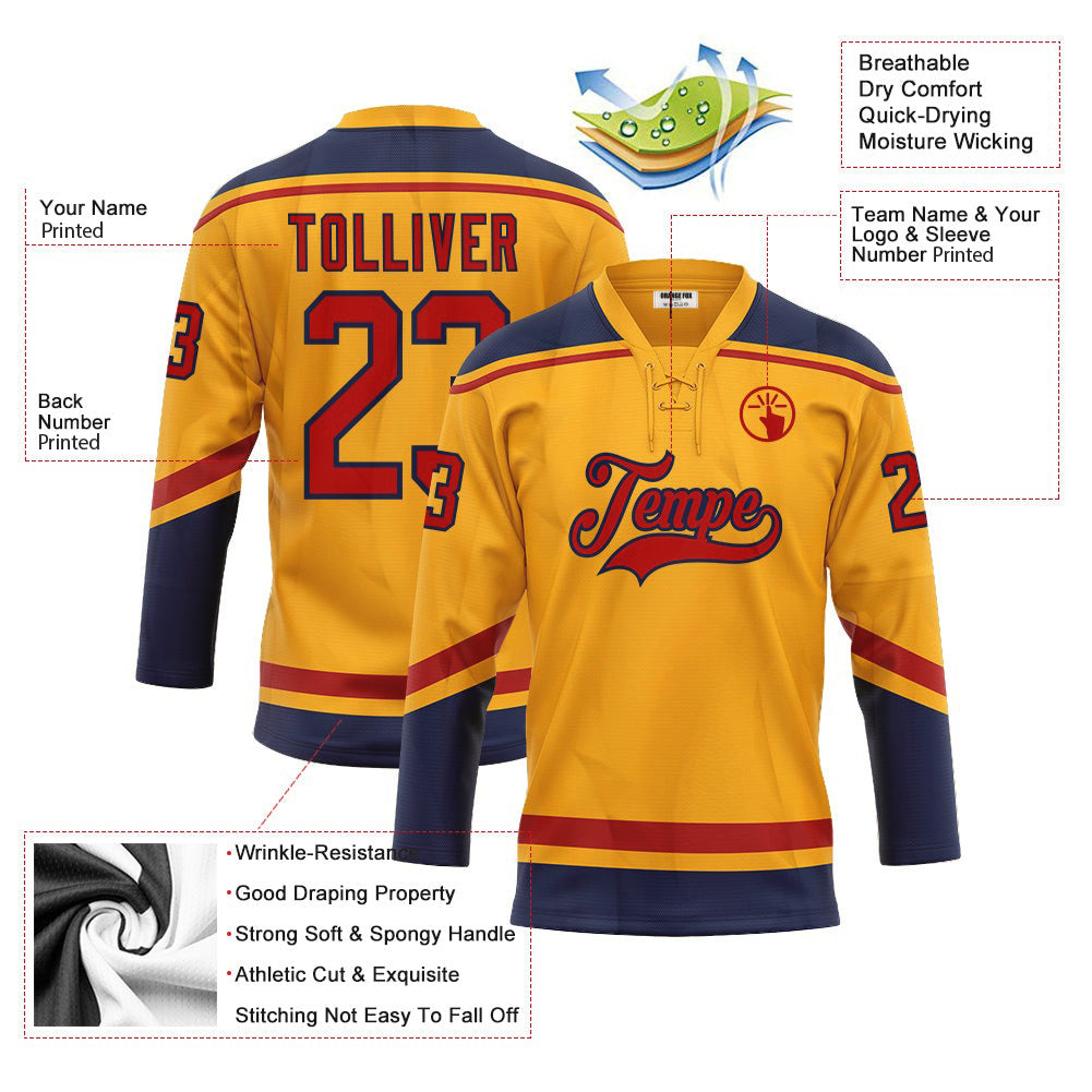 Custom Gold Red-Navy Neck Hockey Jersey For Men & Women