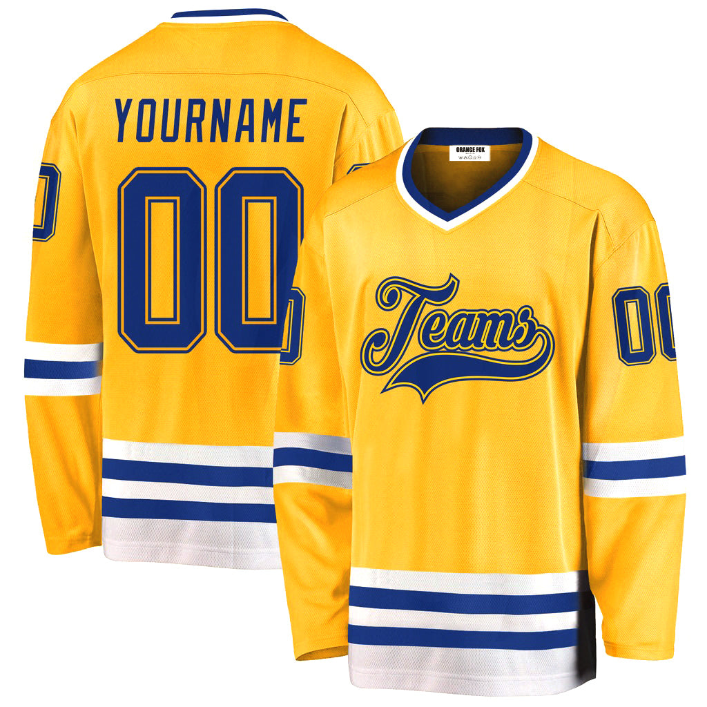 Custom Gold Royal-White V Neck Hockey Jersey For Men & Women