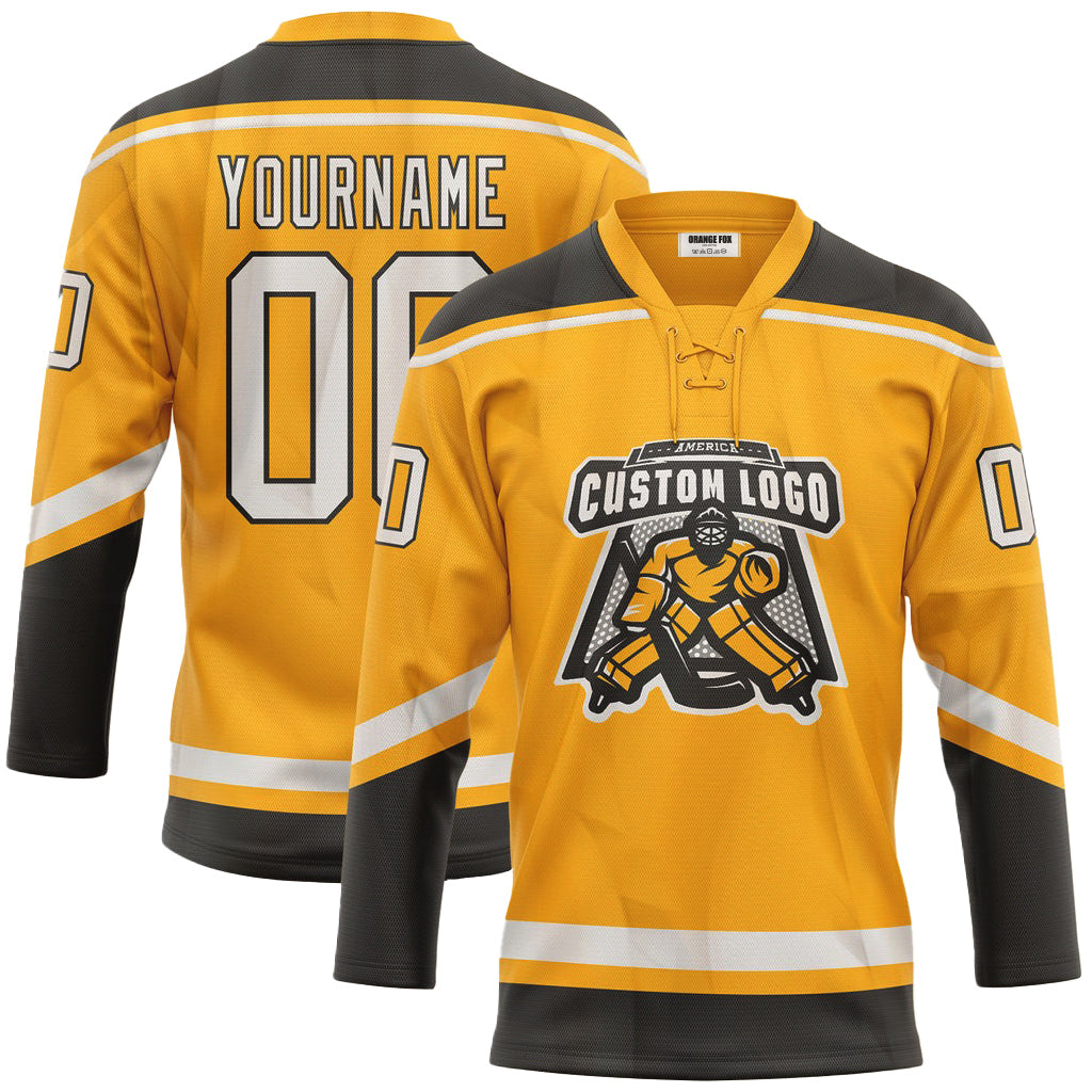 Custom Gold White-Black  Neck Hockey Jersey For Men & Women