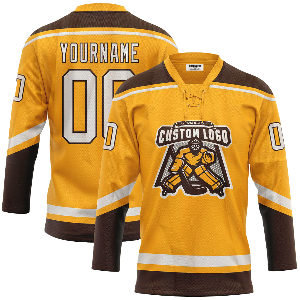 Custom Gold White-Brown  Neck Hockey Jersey For Men & Women