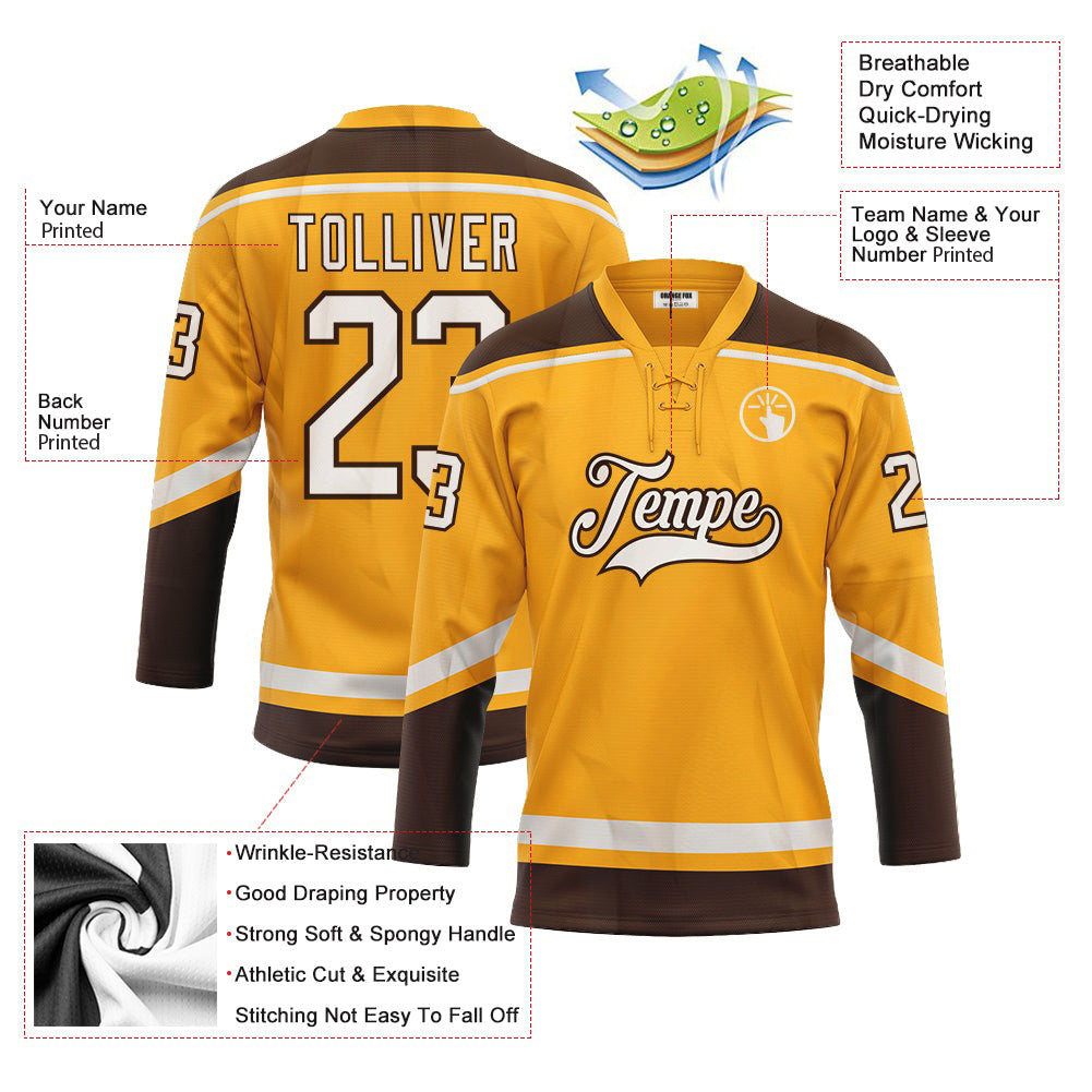 Custom Gold White-Brown  Neck Hockey Jersey For Men & Women