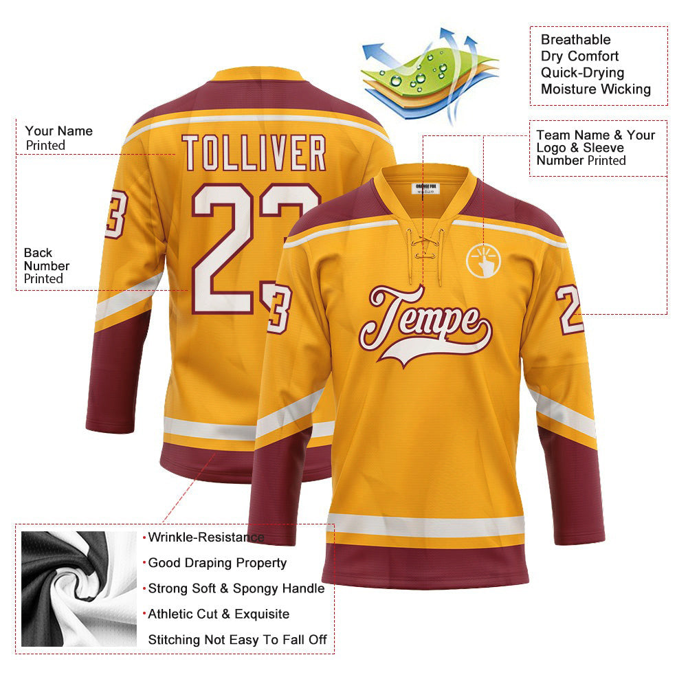 Custom Gold White-Crimson  Neck Hockey Jersey For Men & Women