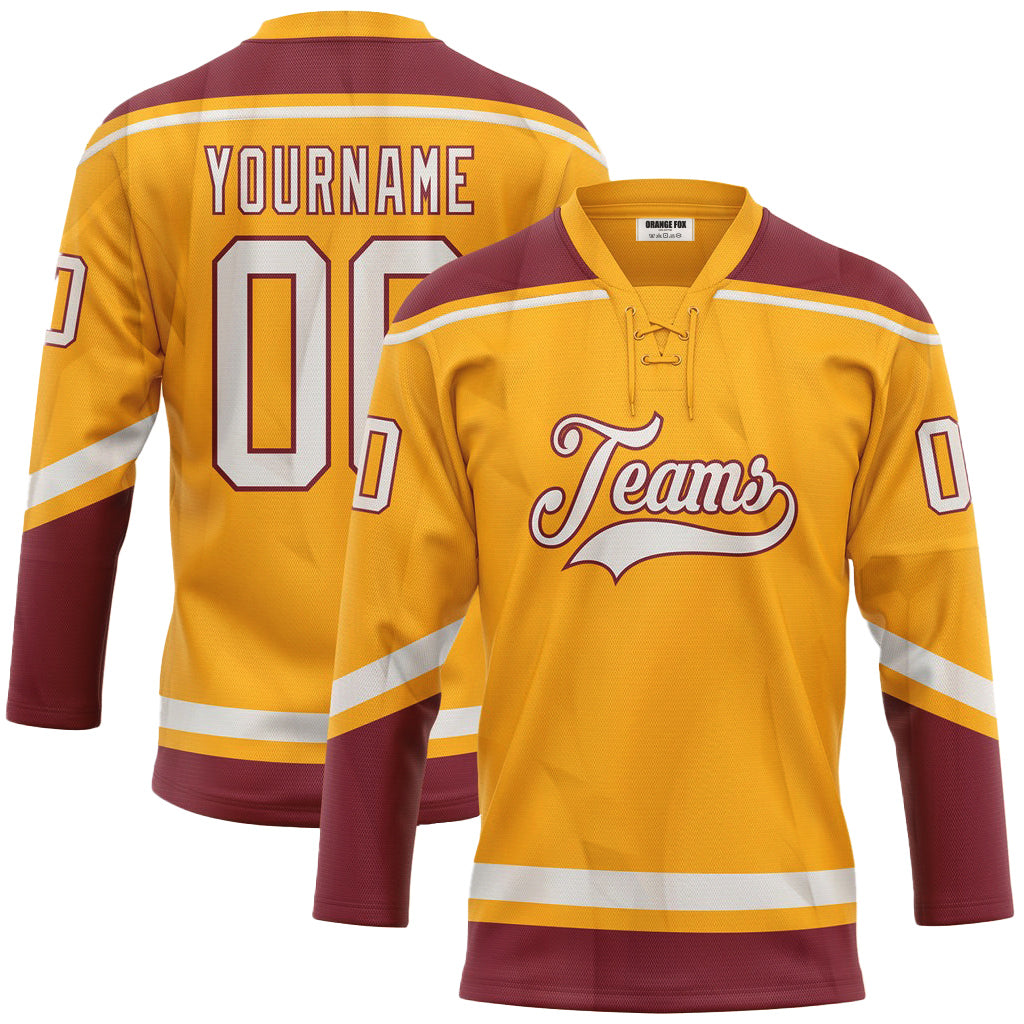 Custom Gold White-Crimson  Neck Hockey Jersey For Men & Women