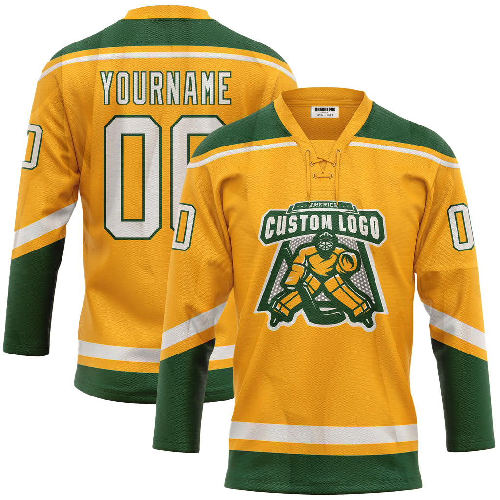 Custom Gold White-Green Neck Hockey Jersey For Men & Women