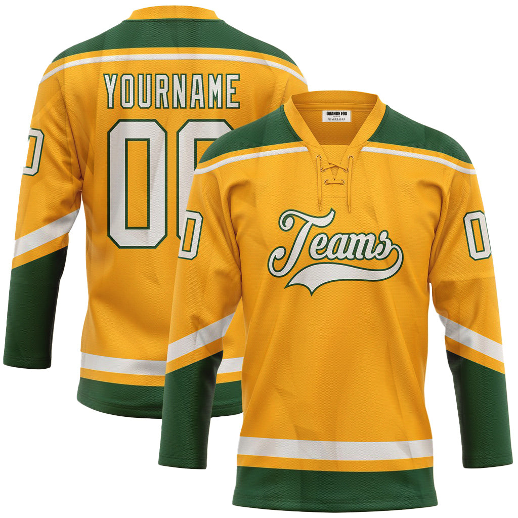 Custom Gold White-Green Neck Hockey Jersey For Men & Women