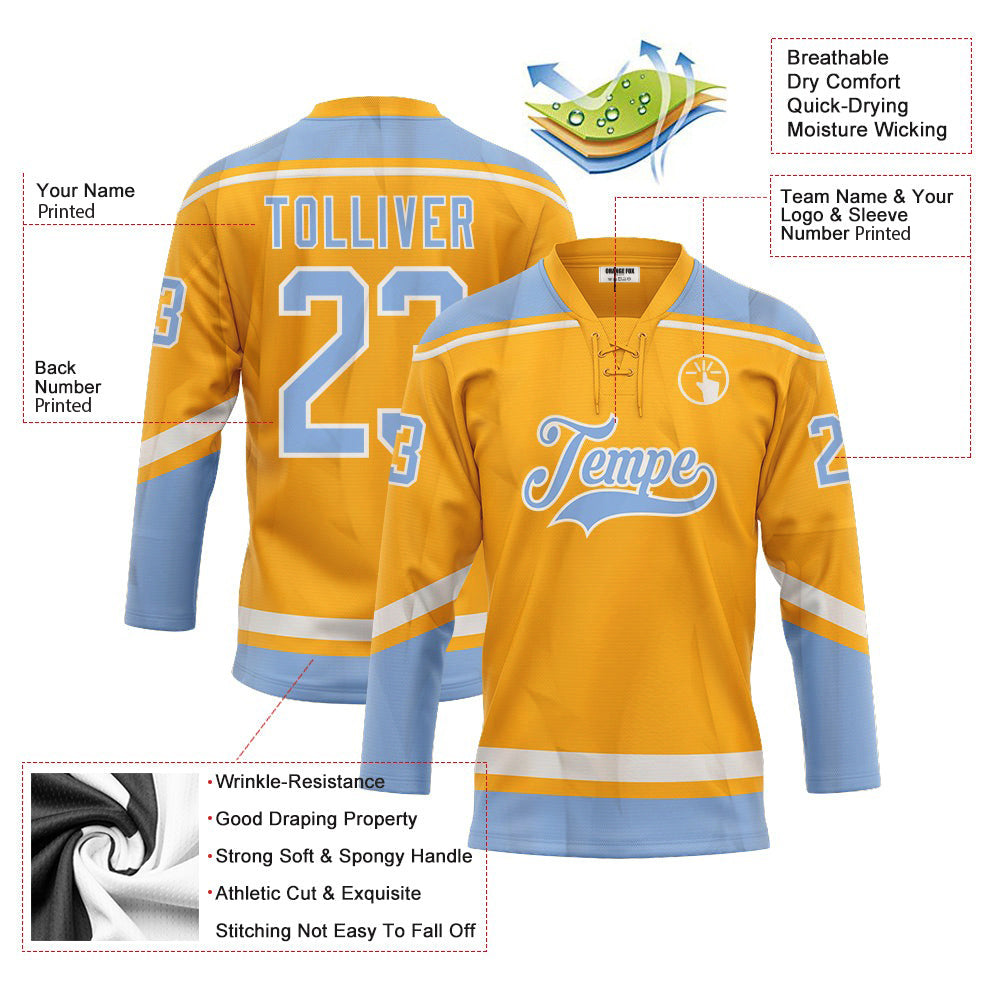 Custom Gold White-Light Blue  Neck Hockey Jersey For Men & Women