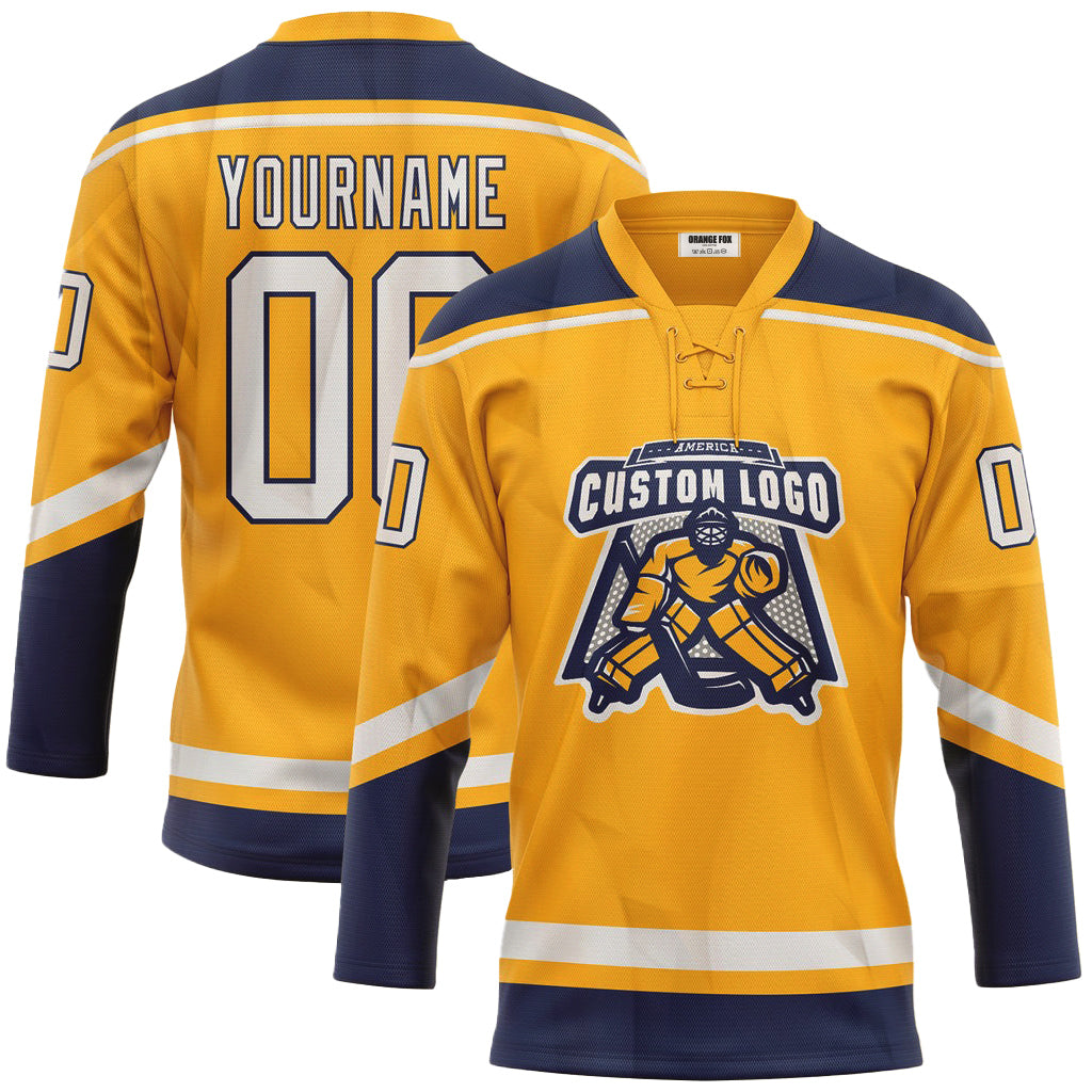 Custom Gold White-Navy Neck Hockey Jersey For Men & Women