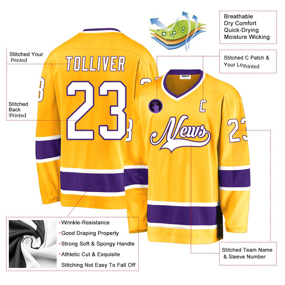 Custom Gold White-Purple V Neck Hockey Jersey For Men & Women