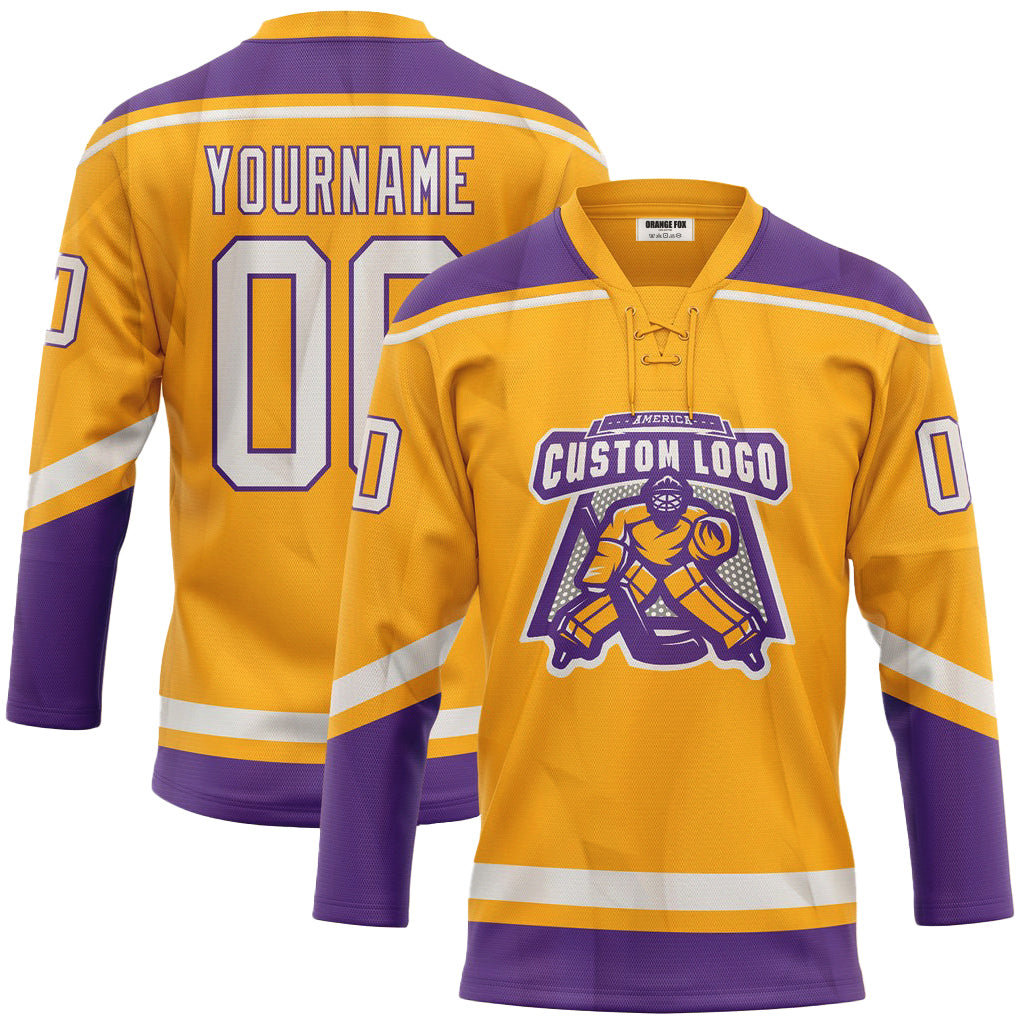 Custom Gold White-Purple Neck Hockey Jersey For Men & Women