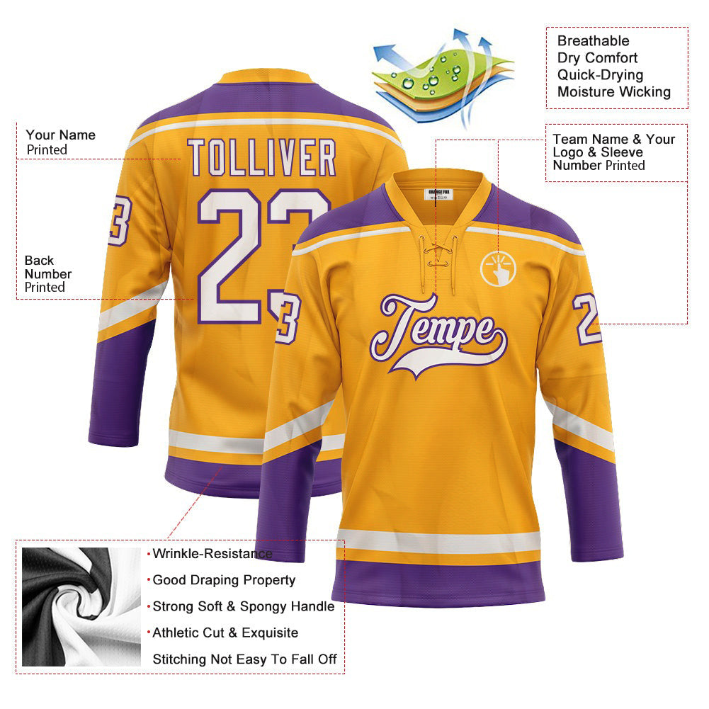 Custom Gold White-Purple Neck Hockey Jersey For Men & Women