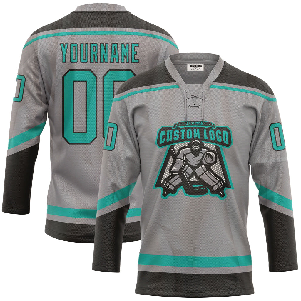 Custom Gray Aqua-Black Neck Hockey Jersey For Men & Women