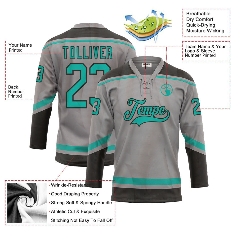 Custom Gray Aqua-Black Neck Hockey Jersey For Men & Women