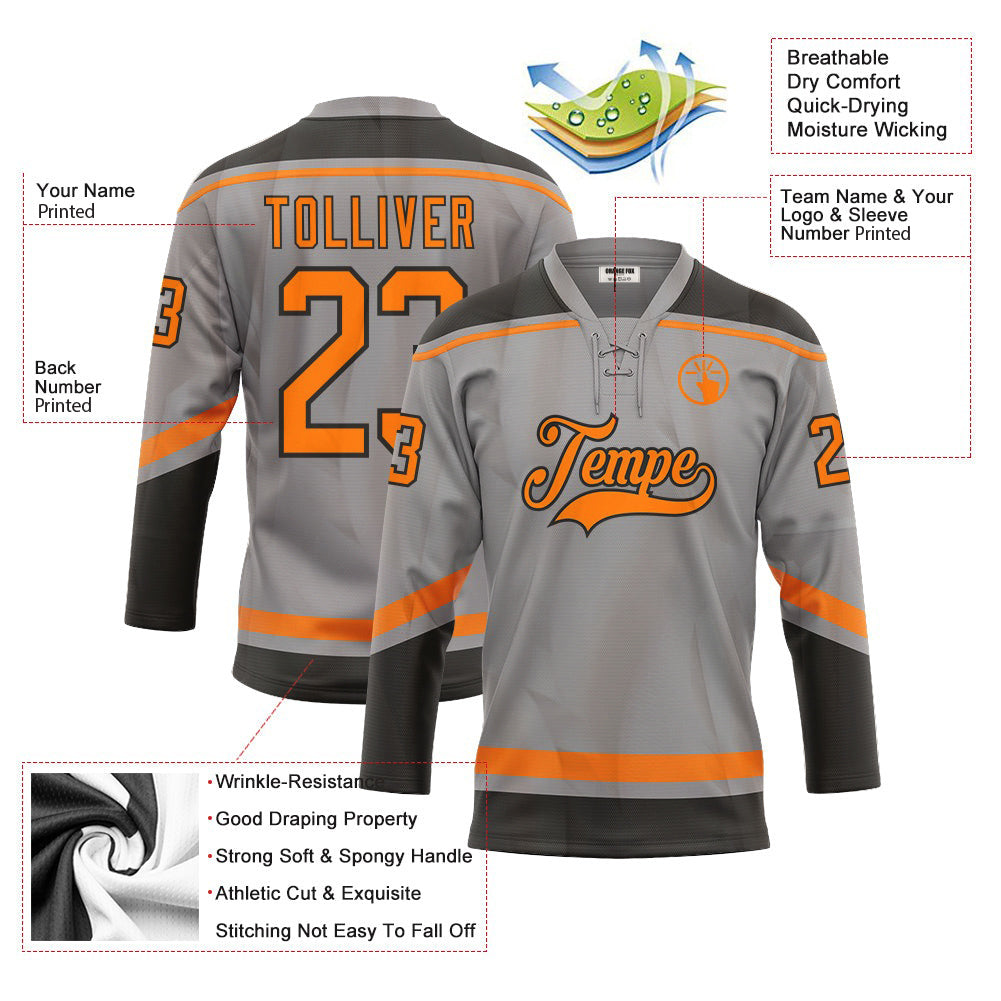 Custom Gray Bay Orange-Black Neck Hockey Jersey For Men & Women