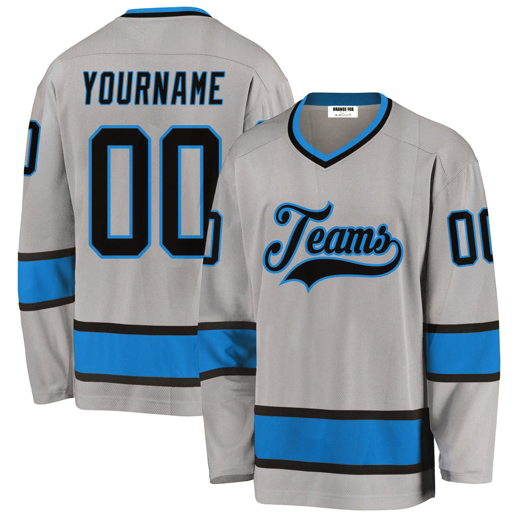 Custom Gray Black-Blue V Neck Hockey Jersey For Men & Women