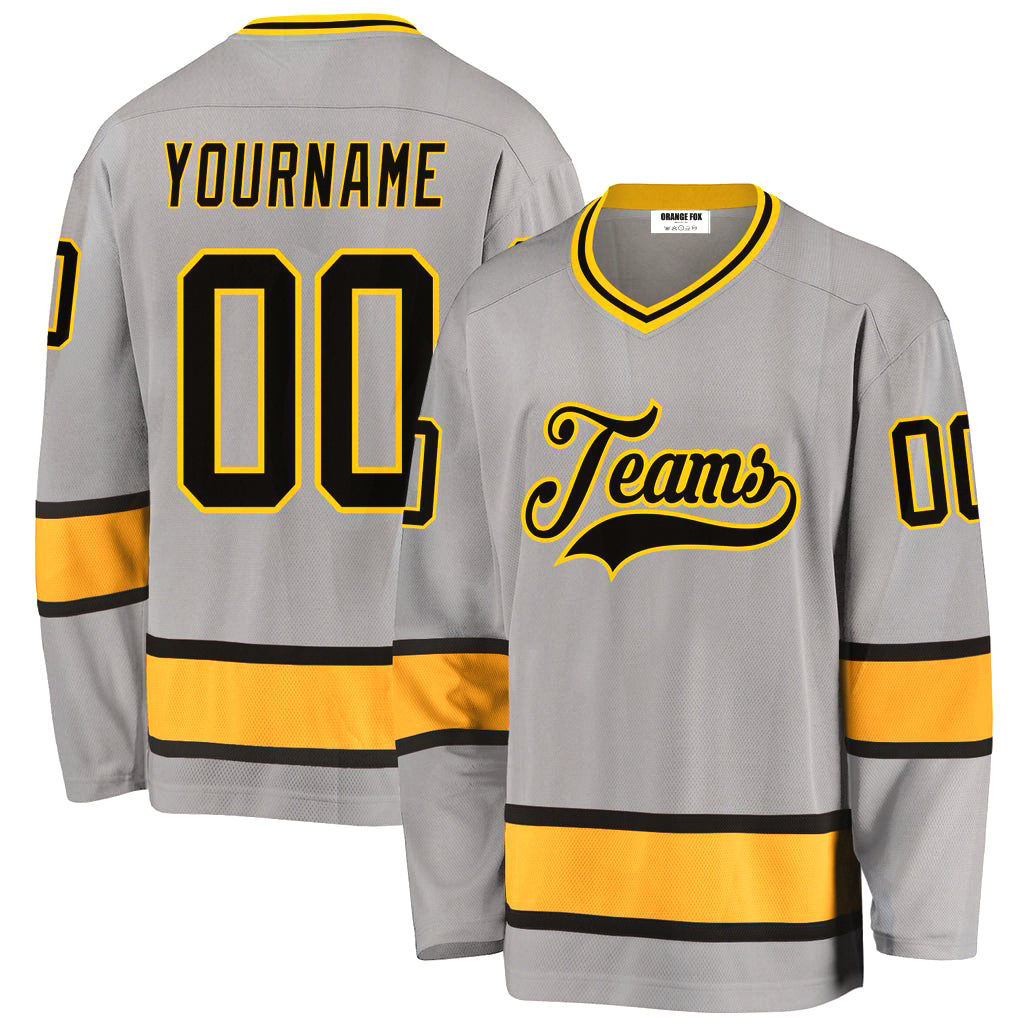 Custom Gray Black-Gold V Neck Hockey Jersey For Men & Women