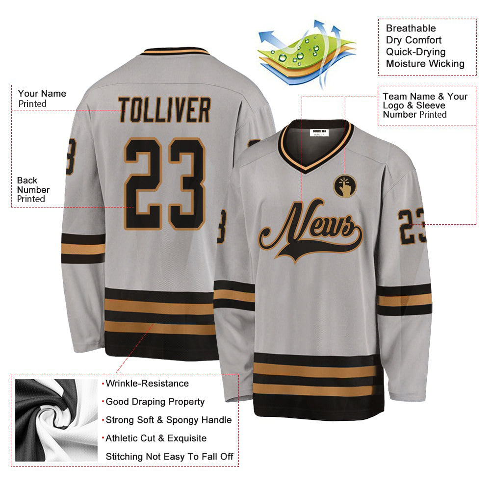 Custom Gray Black-Old Gold V Neck Hockey Jersey For Men & Women