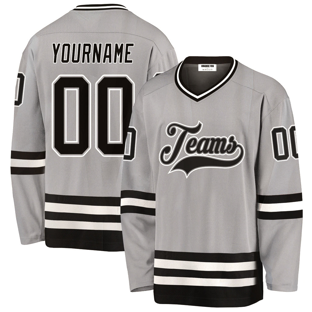 Custom Gray Black-White V Neck Hockey Jersey For Men & Women