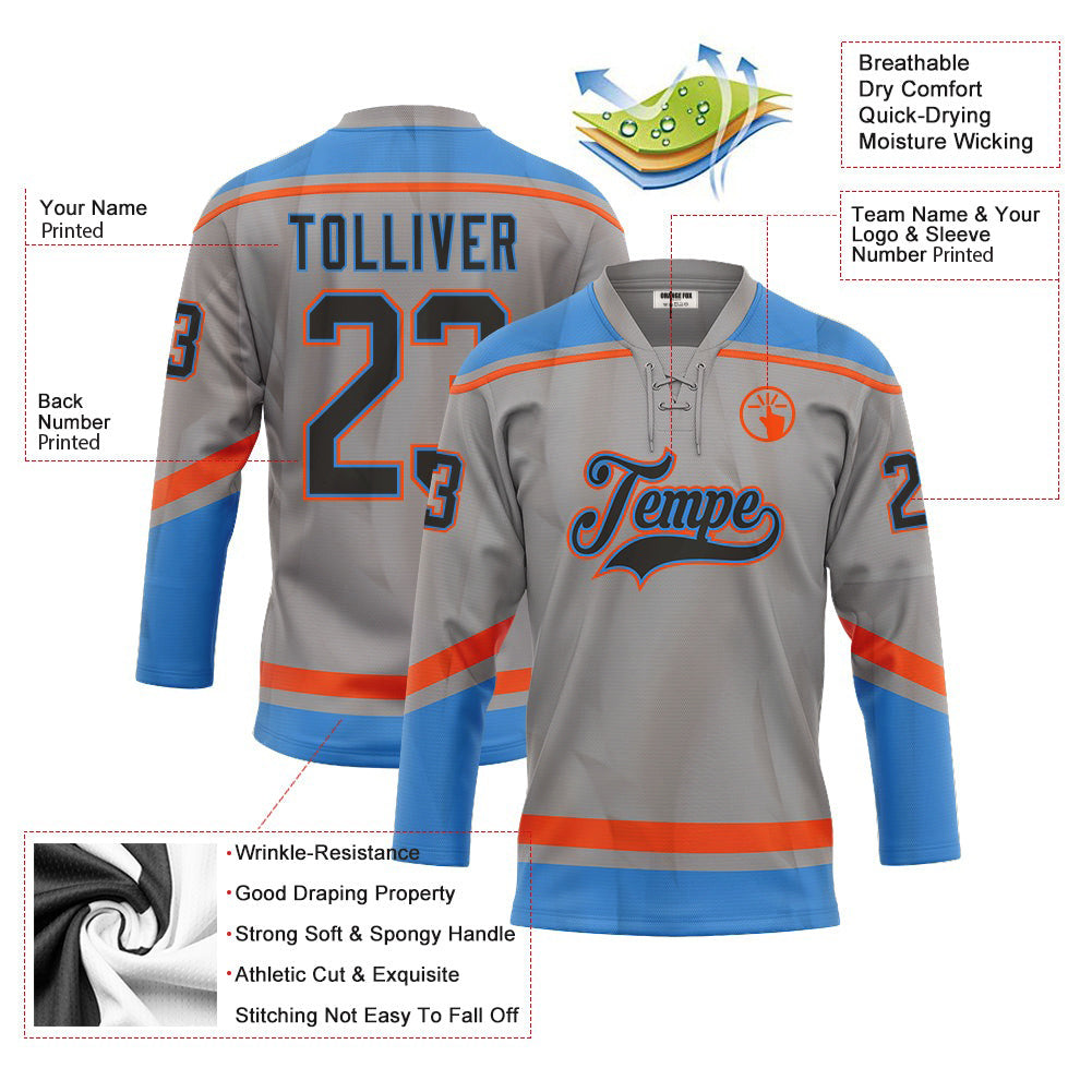 Custom Gray Bay Orange-Black Neck Hockey Jersey For Men & Women