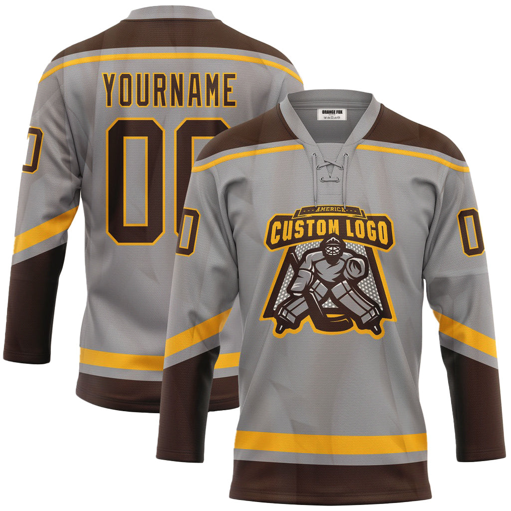 Custom Gray Brown-Gold Neck Hockey Jersey For Men & Women