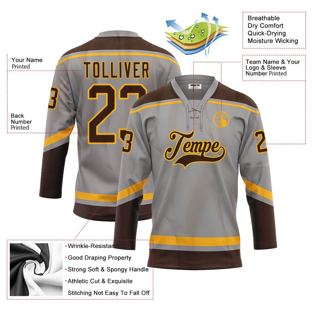 Custom Gray Brown-Gold Neck Hockey Jersey For Men & Women