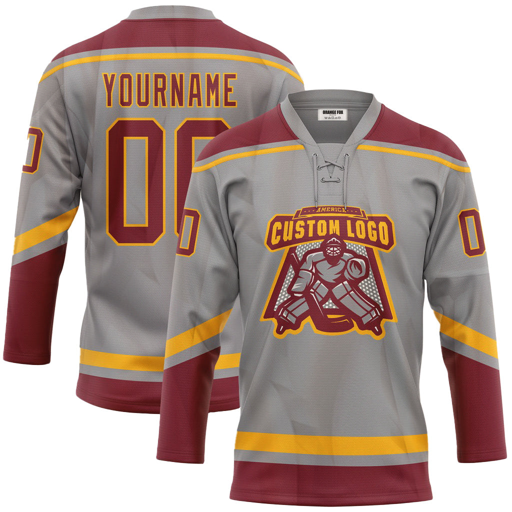 Custom Gray Crimson-Gold Neck Hockey Jersey For Men & Women