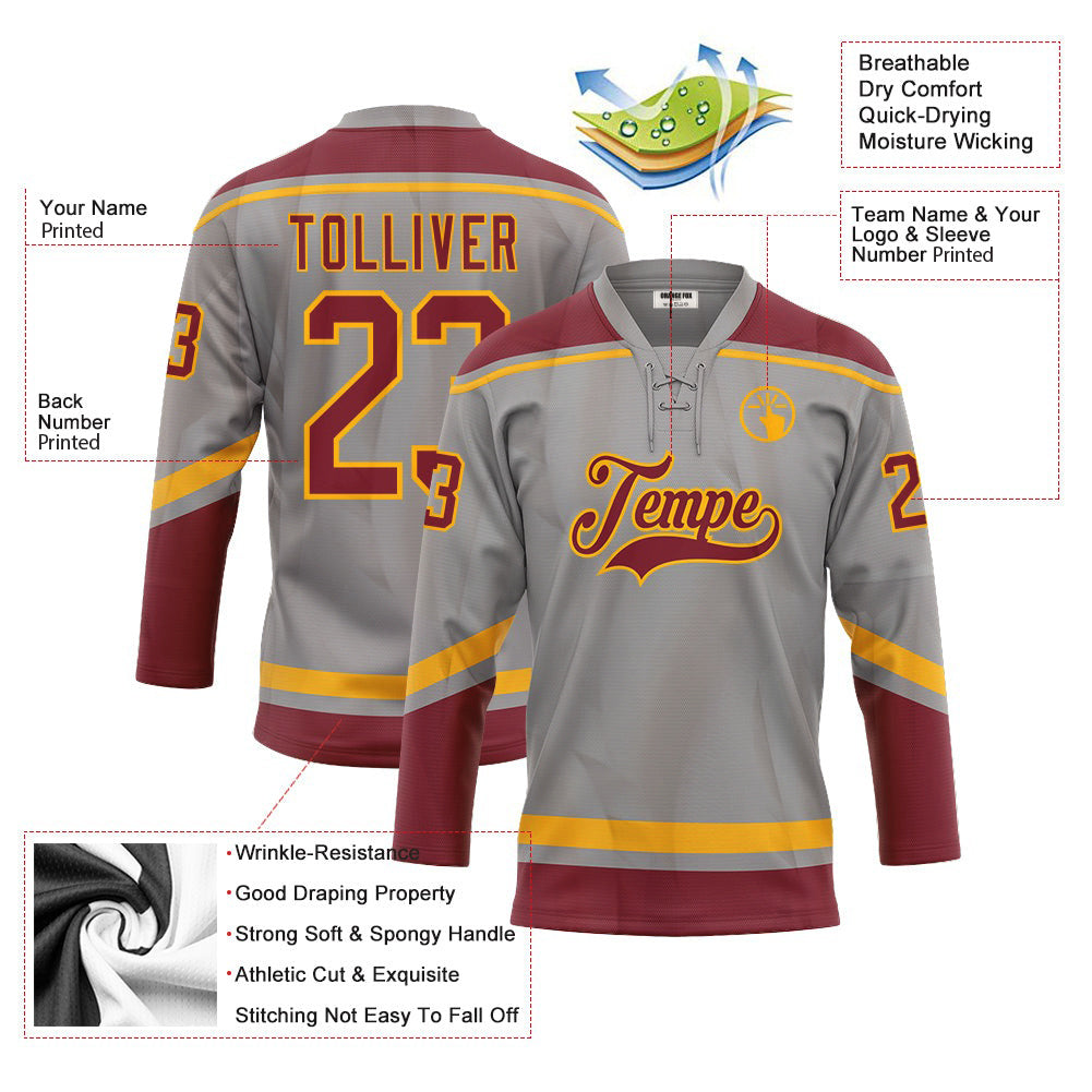 Custom Gray Crimson-Gold Neck Hockey Jersey For Men & Women