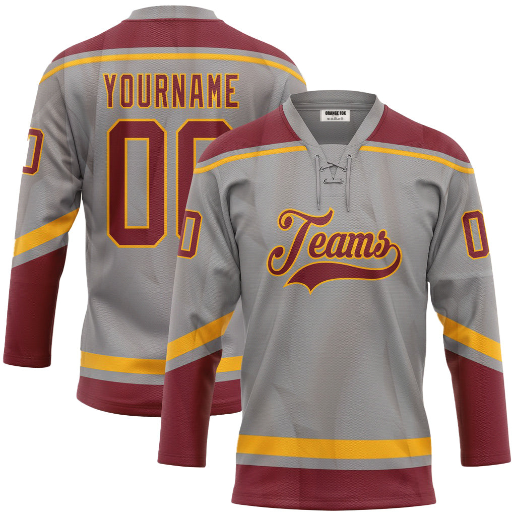 Custom Gray Crimson-Gold Neck Hockey Jersey For Men & Women