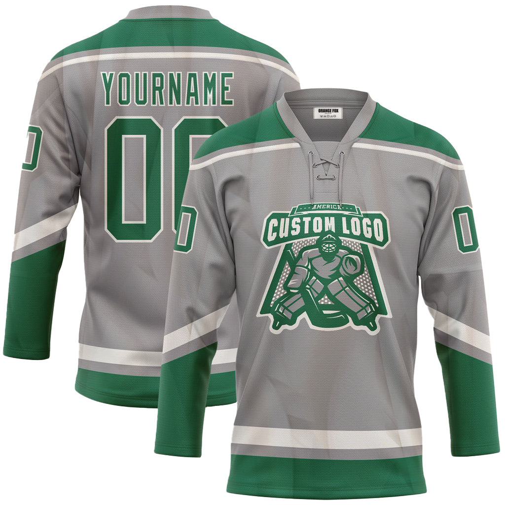 Custom Gray Kelly Green-White Neck Hockey Jersey For Men & Women