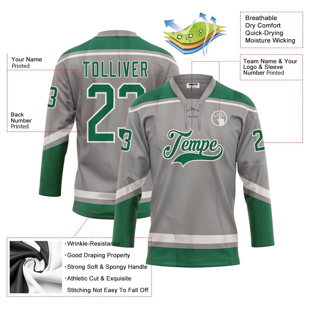 Custom Gray Kelly Green-White Neck Hockey Jersey For Men & Women