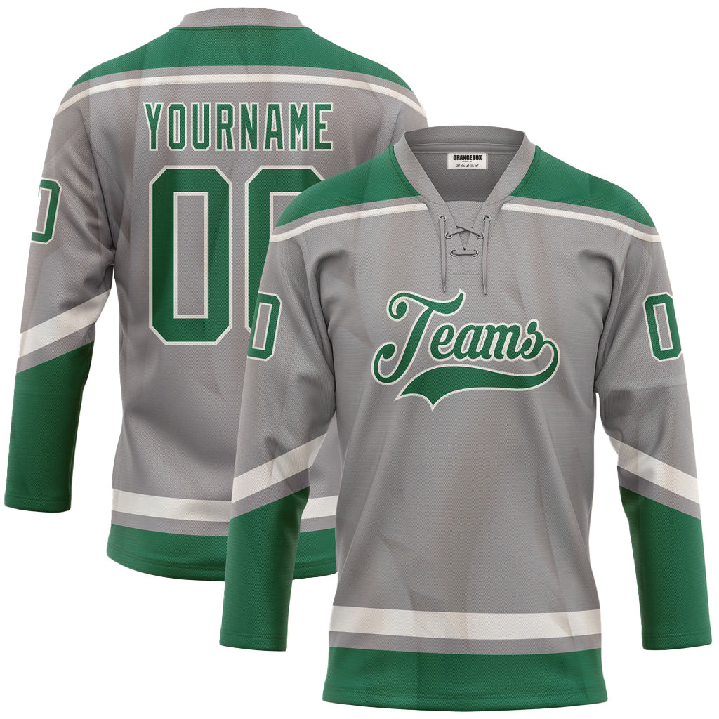 Custom Gray Kelly Green-White Neck Hockey Jersey For Men & Women