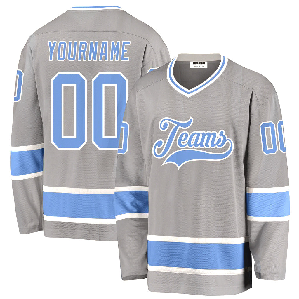 Custom Gray Light Blue-White V Neck Hockey Jersey For Men & Women