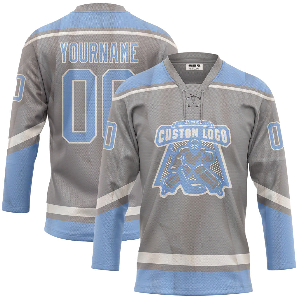 Custom Gray Light Blue-White Neck Hockey Jersey For Men & Women