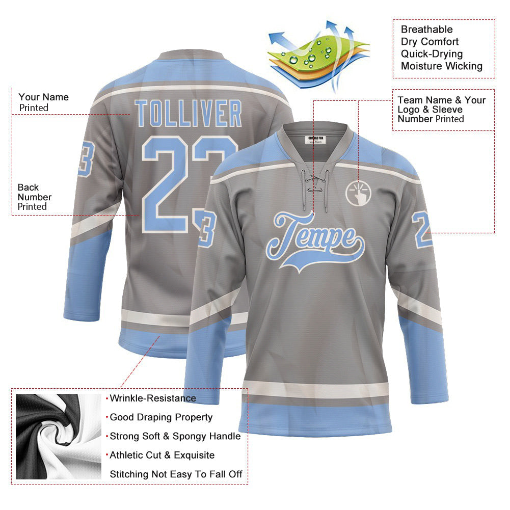 Custom Gray Light Blue-White Neck Hockey Jersey For Men & Women