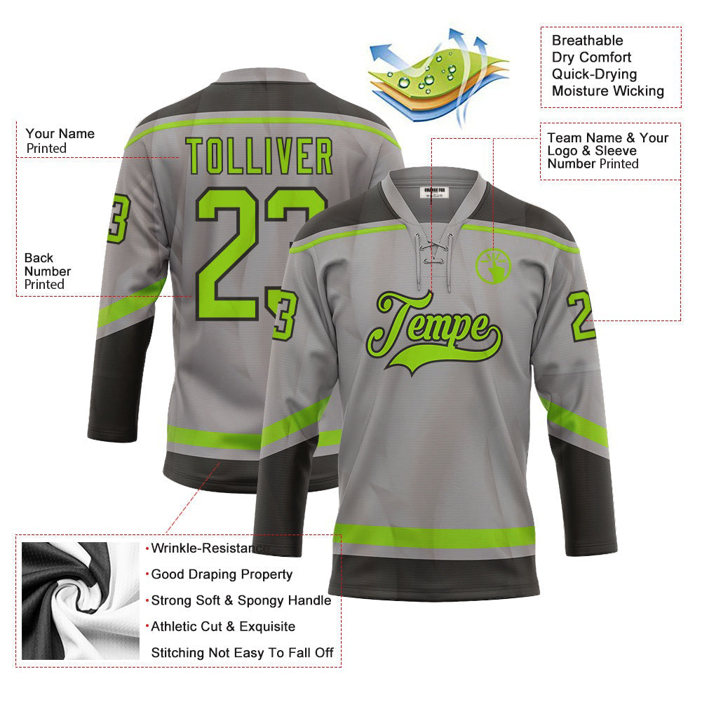 Custom Gray Neon Green-Black Neck Hockey Jersey For Men & Women