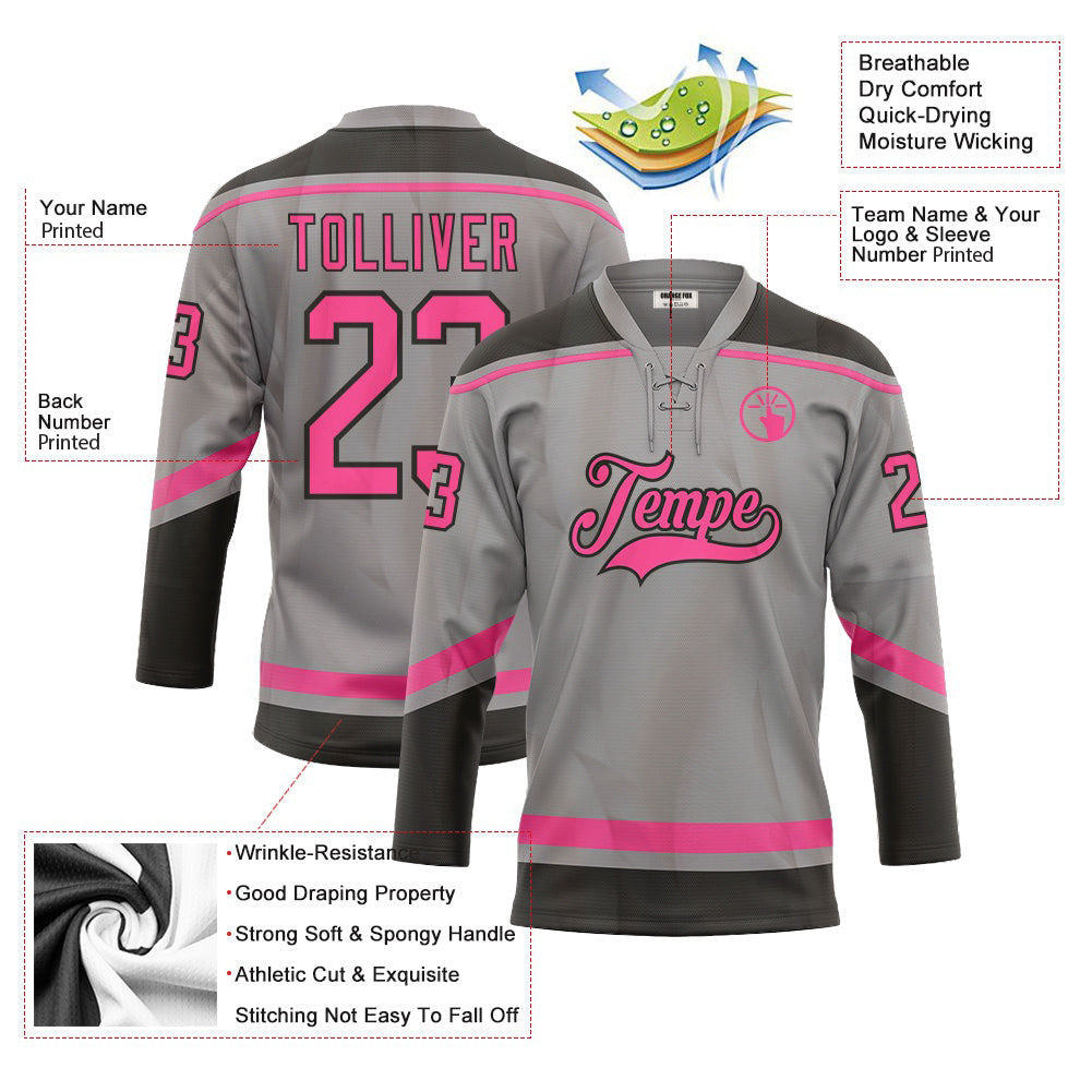 Custom Gray Pink-Black  Neck Hockey Jersey For Men & Women