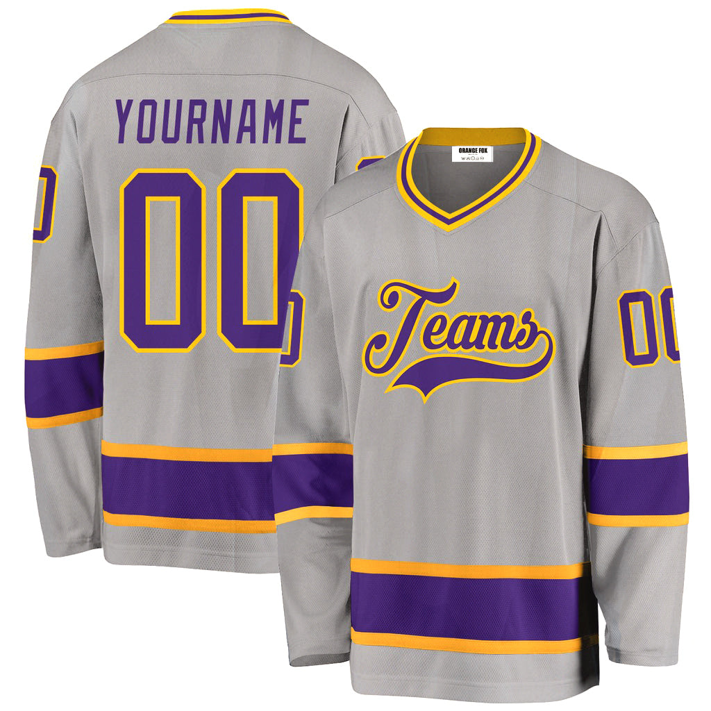 Custom Gray Purple-Gold V Neck Hockey Jersey For Men & Women