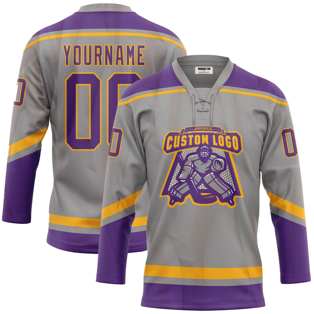 Custom Gray Purple-Gold Neck Hockey Jersey For Men & Women