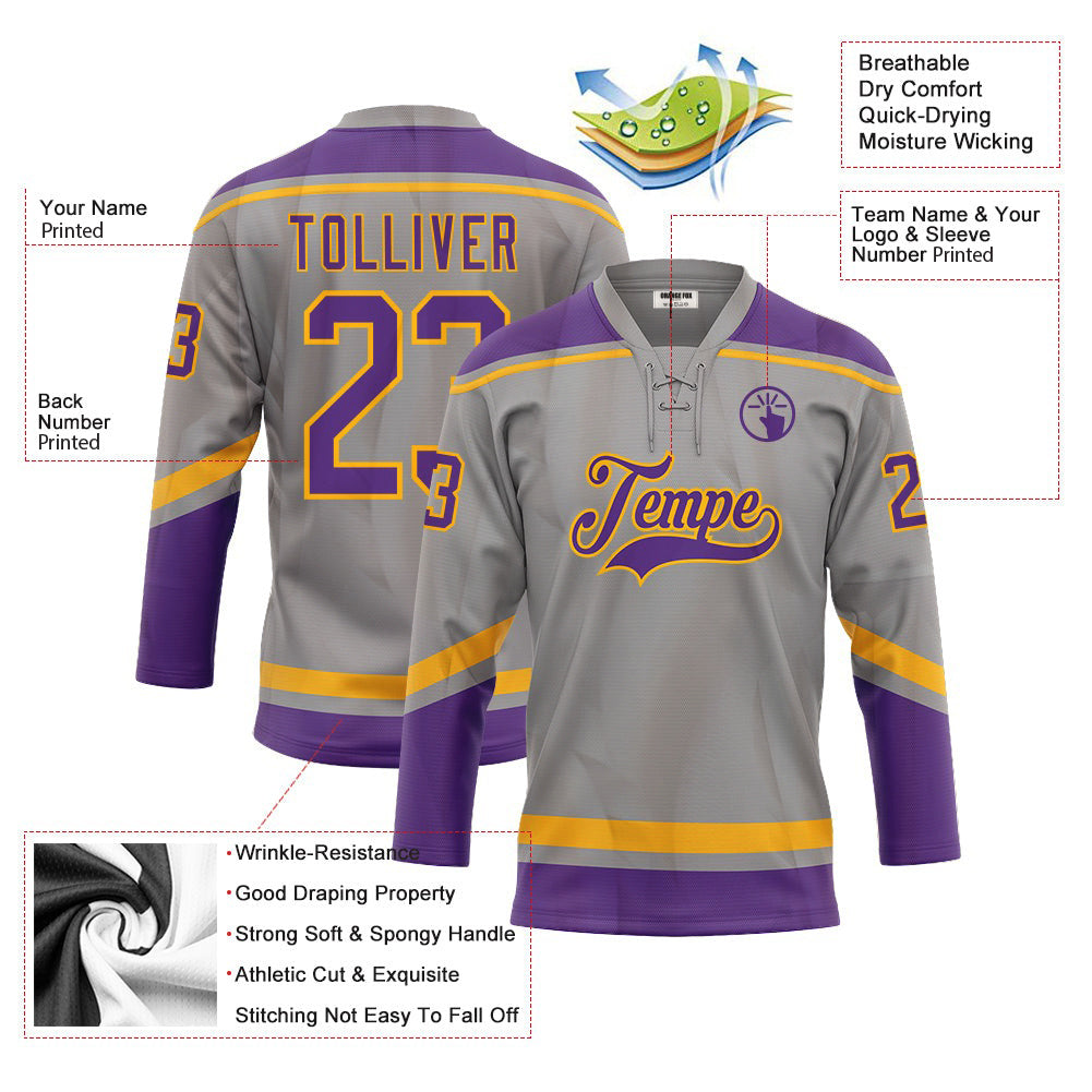 Custom Gray Purple-Gold Neck Hockey Jersey For Men & Women