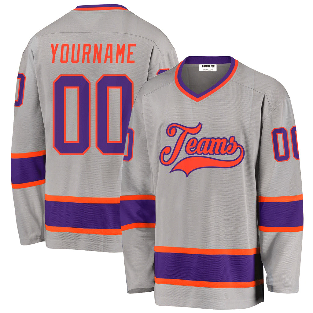 Custom Gray Purple-Orange V Neck Hockey Jersey For Men & Women