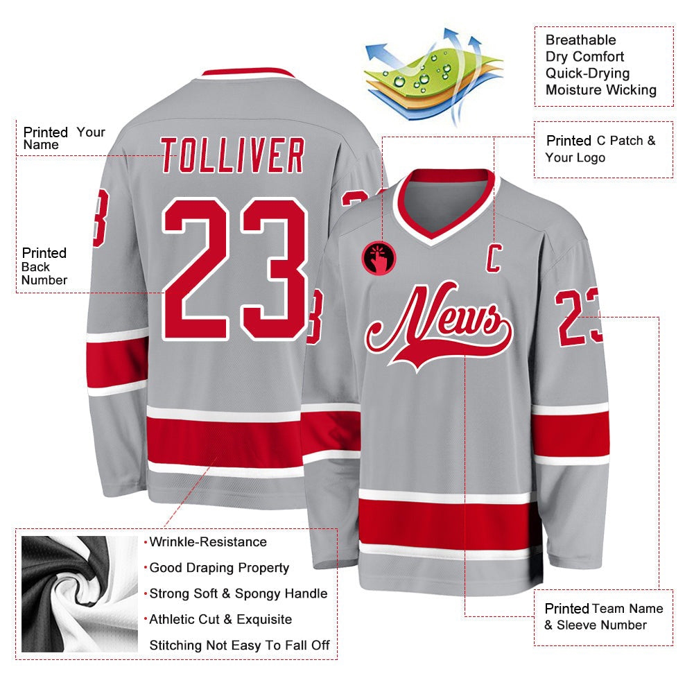 Custom Gray Red-White V Neck Hockey Jersey For Men & Women