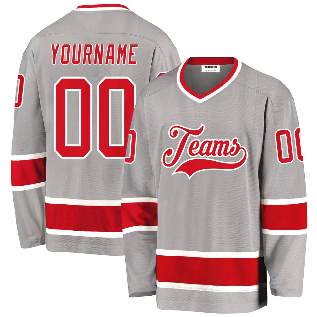 Custom Gray Red-White V Neck Hockey Jersey For Men & Women