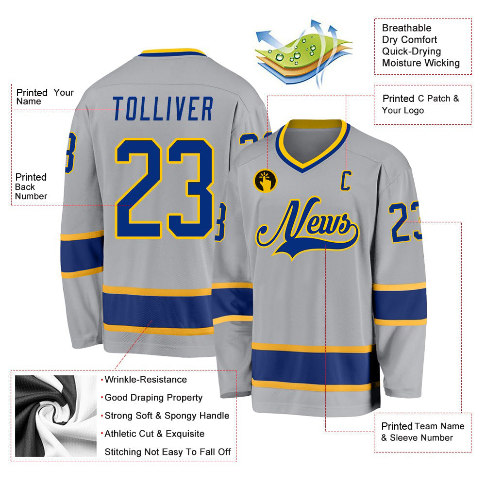 Custom Gray Royal-Gold V Neck Hockey Jersey For Men & Women