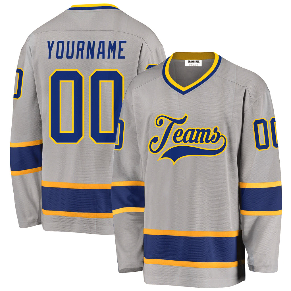 Custom Gray Royal-Gold V Neck Hockey Jersey For Men & Women